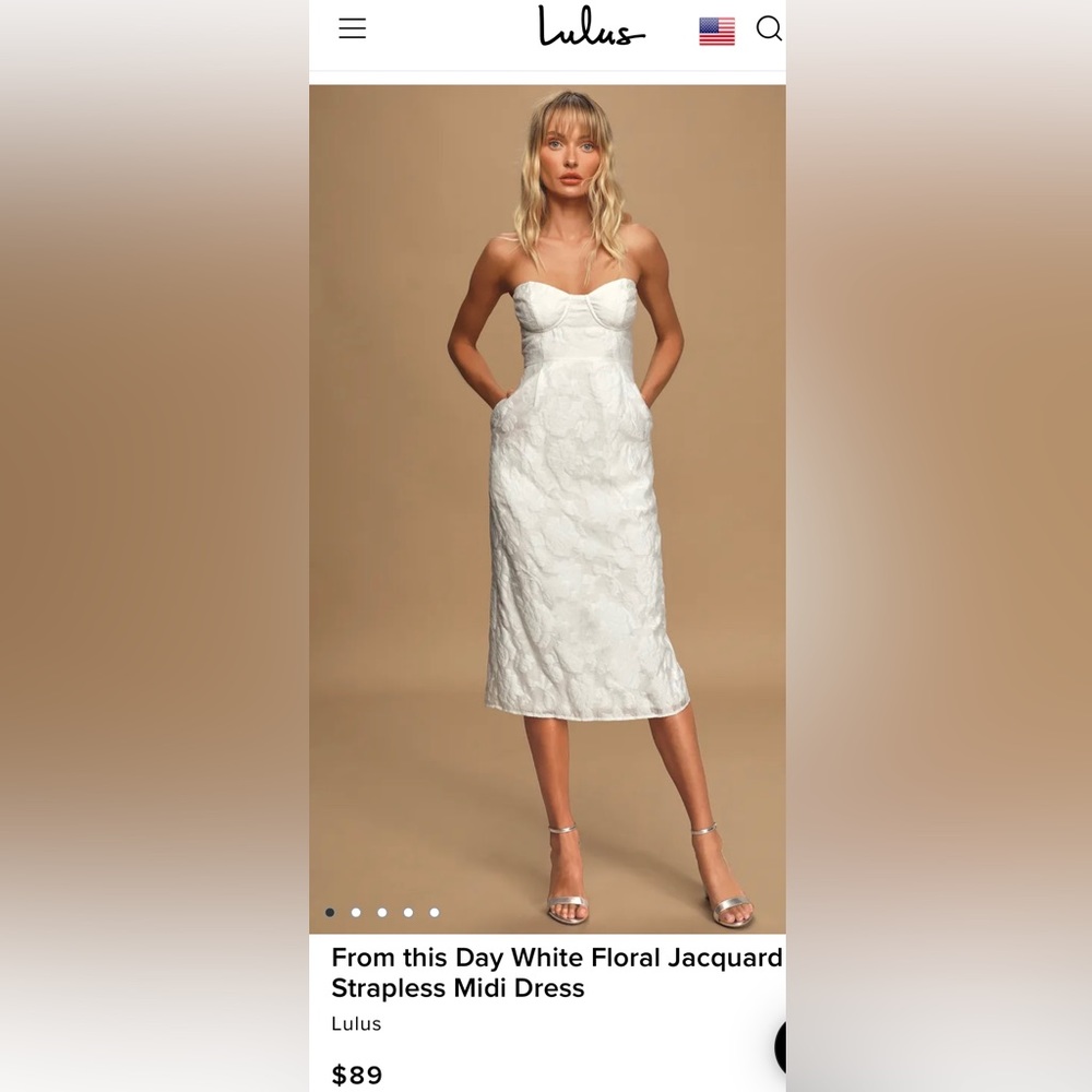 Strapless white midi dress with floral detail